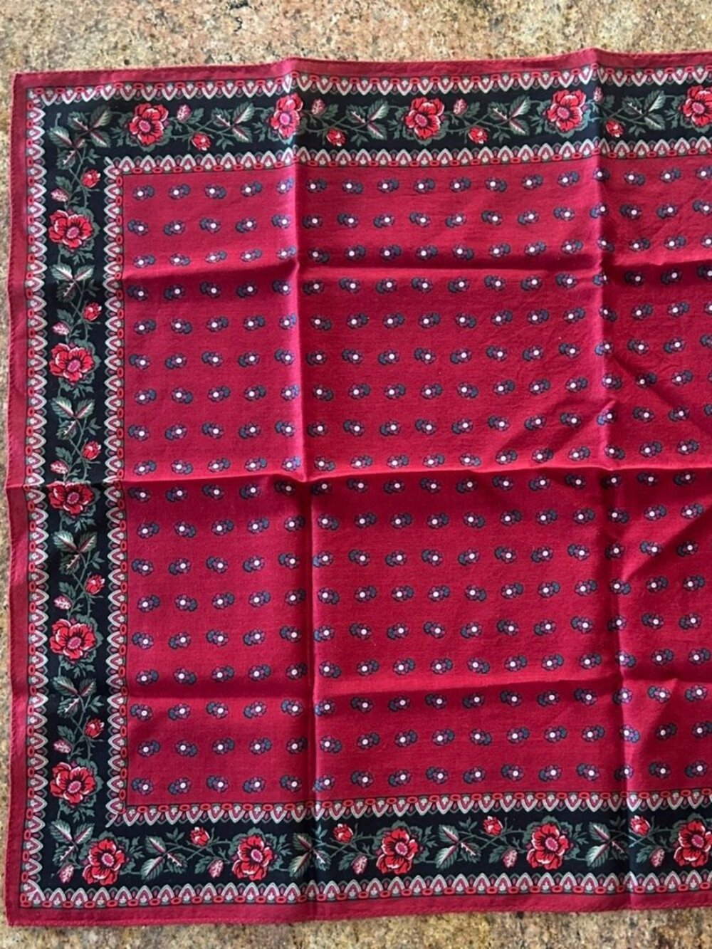 Vintage Souleiado Floral Print Red and Black Cotton Scarf Bandana 18" x18"